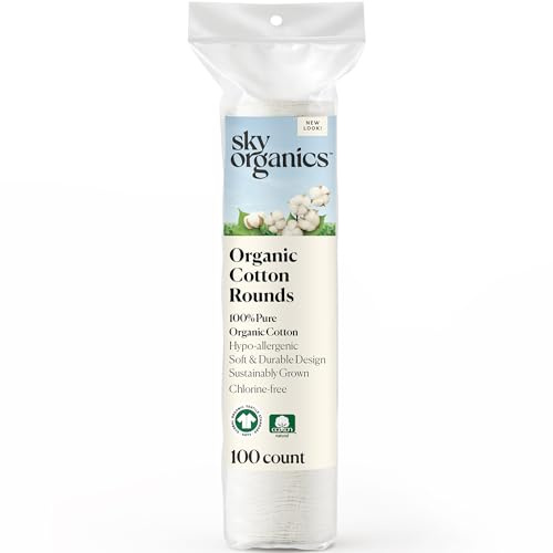 Sky Organics Organic Cotton Rounds for Sensitive Skin, 100% Pure GOTS Certified Organic for Beauty & Personal Care, 100 ct.