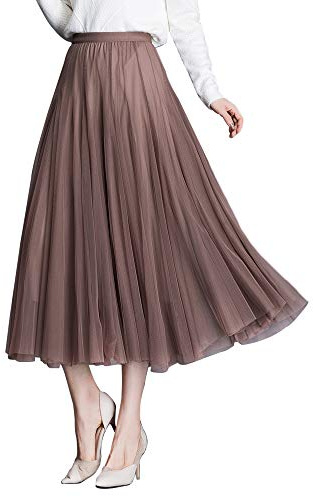 ANIMQUE Donna Gonna Tulle Midi Plissettata Elastico Alta Vita Elegante Gonna Matrimoni Festa Lunghezza 78cm, Marrone