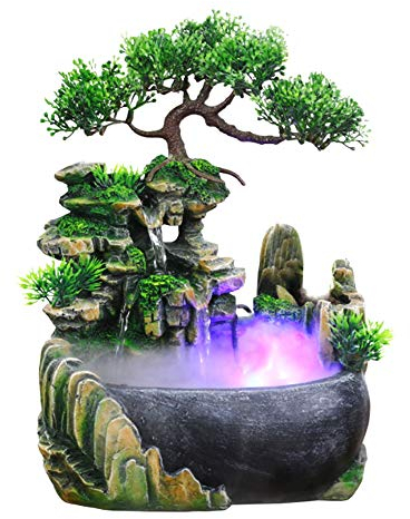 Fontaine d'intérieur avec Eclairage Plantes et Pierres Décoratives Fontaine Décorative d'intérieur Fontaine Zen de Table avec Lumière LED Fontaine Feng Shui pour Maison, Bureau