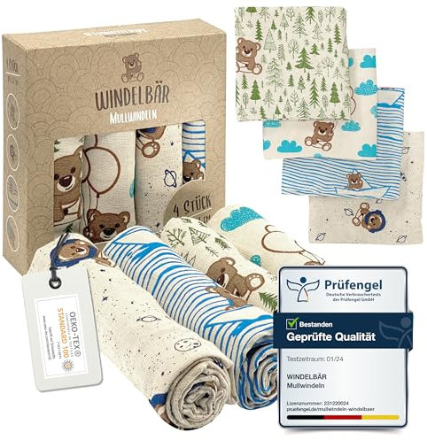 Windelbär Mullwindeln 4er Set – saugstarke & weiche Spucktücher für Babys (80x57 cm), 100% Bio Musselin-Baumwolle, Mulltuch, ÖKOTEX & FSC zertifiziert, Baby Erstausstattung