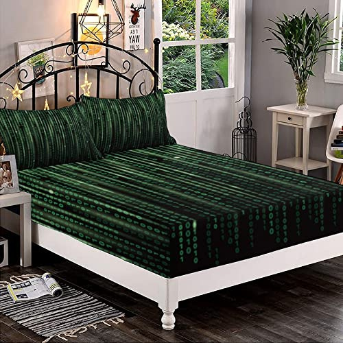 Decorative Fitted Sheet Set Full Size, Abstrac Deep Pockets Fitted Sheet & 2 Pillow Sham Set(No Flat Sheet), Binary Code on Screen Printed Microfiber Bedding 3pc Set, for Mattress (Deep: 5-15)
