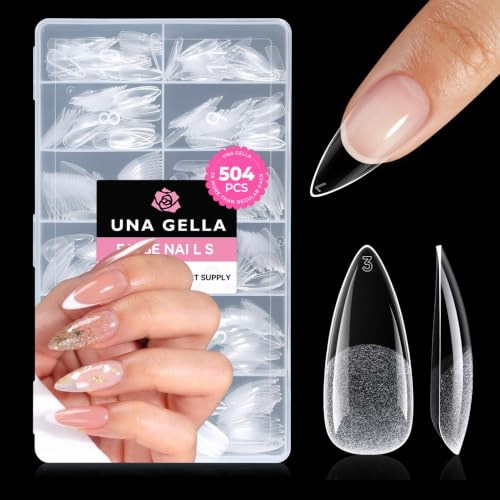 UNA GELLA Medium Stiletto Nail Tips 504Pcs Stiletto False Nails Acrylic Gel | No C Curve Full Cover Half Matte Gel Tips Fake Nails for Extensions Nail Art DIY Salon 12 Sizes