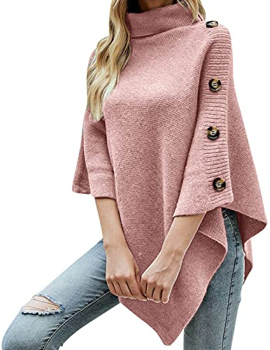 Poncho pour femme - Pull long en tricot - Manteau pour l'été et l'hiver - Poncho tricoté à col roulé - Avec pull décoratif en tricot - Taille unique, Rose (06), taille unique