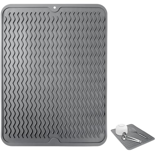 JOLIGAEA Abtropfmatte aus Silikon, 40 cm x 30 cm Geschirr Trockenmatte, Hitzebeständiges Rutschfestes Spülbeckenmatte, Abtropfschale für Spüle, Abtropfunterlage für Geschirr, Tassen, Obst, Grau