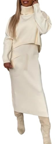 Vestido de Punto para Mujer Traje de Dos Piezas Conjunto de Vestido Midi y suéter con Cuello de Tortuga Elegante Vestido Casual de Punto de Dos Piezas (S,White)