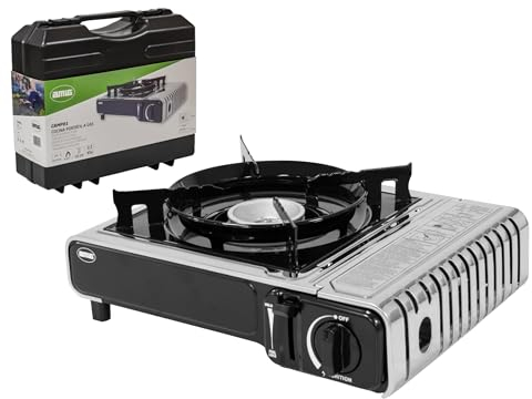 Amig - Hornillo Camping Gas - Cocina Portátil Camp01 - 2,2 kW Potencia - Parabrisas y Soporte Sartén - Certificación CE - Compatible Botellas CP 250 - Excursiones y Camping - Acero Inoxidable