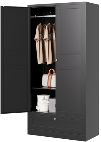Letaya Wardrobe Closet,72 H Clothing Metal Storage Cabinet with Storage Drawer Adjustable Shelves and Hanging Rod,Bedroom Armoire Cabinet Clothes Organizer (Black)
