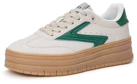 LUCKY STEP Women's Platform Sneakers Gum Sole Suede Casual Classic Retro Rubber Thick Sole Trendy Fashion Tennis Walking Shoes (Grey/Green, 8US-38EU-5UK)