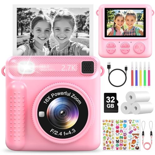 LUVTOY Appareil Photo Instantané Enfant, 2.4 Écran 1080P HD Appareil Photo Numériques Enfant Jouet avec 32GB Carte & Papier d'impression, Cadeau Jouet pour Enfant Filles Garçons de 3-12 Ans