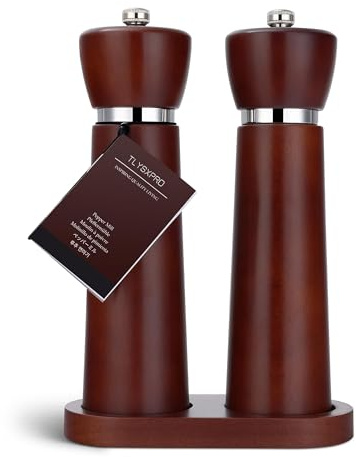 TLYSXPRO Molinillos de Sal y Pimienta de Madera Set de 2 Manuales Recargables Mecanismo Cerámico Ajustable con Base, Altura 21 cm, Castaña Asada