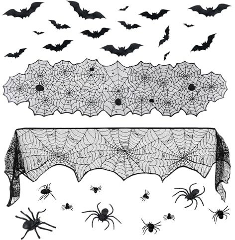 28 PCS Halloween Decorazioni, yisight Tovaglia Halloween 183×45 cm con 16 Pipistrelli & 10 Ragni, Sciarpa Camino, Halloween Decorazioni per la Tavola e Runner Autunnale per Feste a Tema