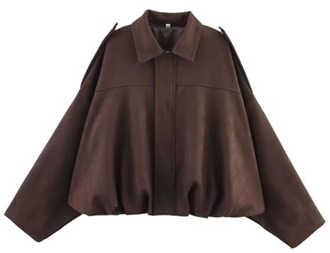 Lunovrans Women's Bomber Jacket Faux Suede Spring Lapel Pilot Coat Casual Oversized Long Sleeves Trendy Streetwear Outerwear
