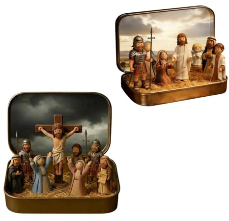 Little Saints in a Tin: Mini påsk Jesus klassiska scener, miniatyr påskkrucifixion och återuppståndelsscen i en plåtlåda, fickharts födelse-set och figurer för religiöst hem kontor bord (A+b)