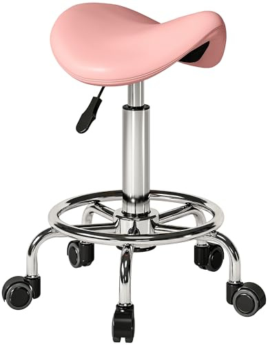 HOMCOM Saddle Stool PU Leather Adjustable Rolling Salon Chair for Spa Pink | Massage, Clinic, Beauty, Hairdressing, Tattoo