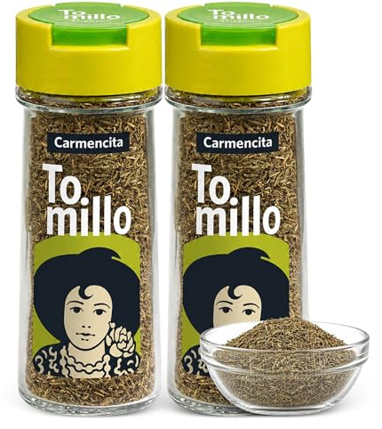 Sazonador Tomillo Carmencita, Ideal para carnes blancas, guisos, paellas y verduras, Aroma balsámico al integrarlo en una sopa de cebolla, Sin Gluten, Contiene 2 unidades de 25 g