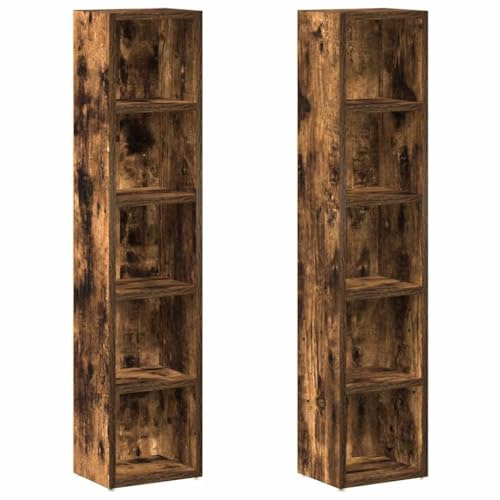 CD-hyllor 2 st. rökt ek trämaterial 21 x 16 x 93,5 cm med 5 fack förvaringsutrymme för CD-skivor DVD-skivor vardagsrum kontor modernt kompakt utrymmesbesparande