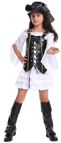 Generisch Ensemble de cosplay pour fille, tenue pour Halloween, fête, déguisement, carnaval, anniversaire d'enfant, jeu de rôle, accessoires d'aventure (blanc, 150 = XL)