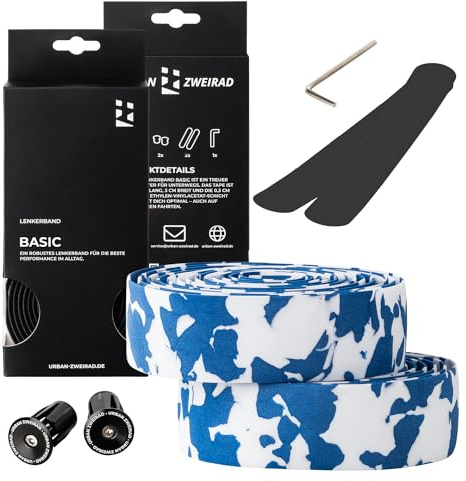 URBAN TWEIRAD – styrband vägcykel camo blå/vit – inkl. ändpluggar och självhäftande remsor – greppband vägcykel vit extra praktiskt – 200 cm x 3 cm – 3 mm tjocklek