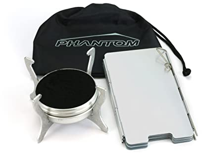 Polymath Products Phantom - Ultralight Stove and Windshield Set. Spill-proof burner with folding stand. Uses alcohol and gel fuel. For backpacking, camping, fishing and hiking. UK-Made.