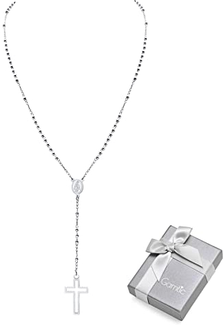 Gamtic Edelstahl Rosenkranz Halskette - Katholischer Rosenkranz Frauen Männer Perlen Silber Kette (Silber, 60CM)