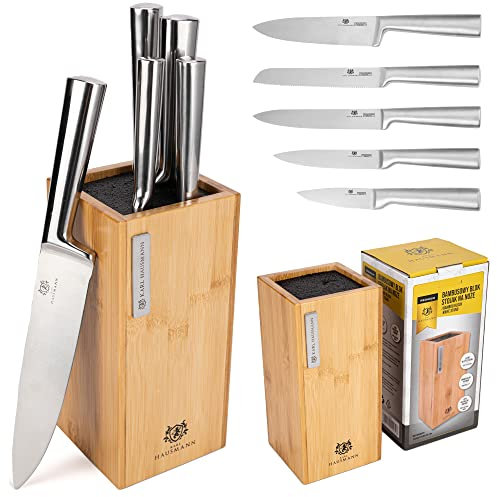 KARL HAUSMANN Set Couteaux de Cuisine Professionnel 5 Pièces - Bloc Couteaux Cuisine en Bambou avec Insert à Poils - Couteaux Tranchants en Acier - Ensemble de Couteaux de Cuisine Précision