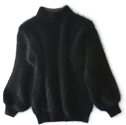 CHUSHEN Women's Casual Cable Knit Jumper Long Sleeve Crewneck Solid Color Chunky Pullover Sweater, Cashmere Loose Solid Color Knit Sweater, Vintage Angora Sweater for Women (Black,One Size)