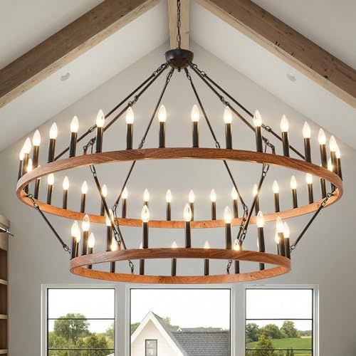 HHR 60 Wood-Grain Surface Double Tier Wagon Wheel Chandelier, 54-Light Extra Large Farmhouse Pendant Light Fixture, Round High Ceiling Chandelier for Dining Room Living Room Island Foyer Entryway E12