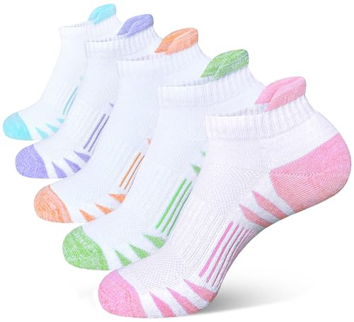 Heyoboy Womens Ankle Anti-blister Thick Cushioned Wicking Odor Resist Athletic Running Socks, Size 6-9, White 5 Pairs