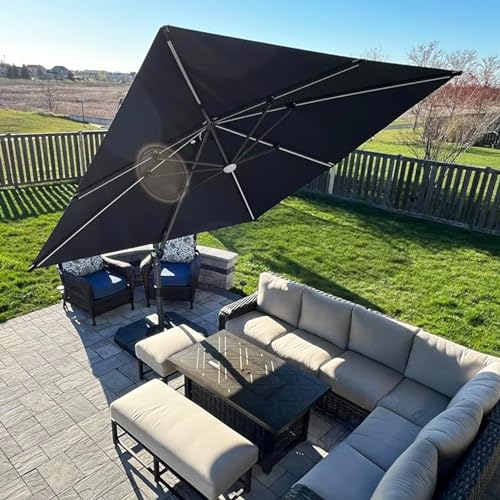 PURPLE LEAF Sonnenschirm 300 x 300 cm Aluminium,Ampelschirm mit Solar LED Beleuchtung, Gartenschirm mit Kurbel, 360° Rotation, UV-beständig, Grau