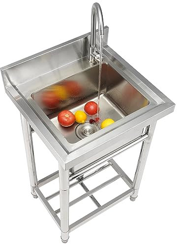 VEVOR Évier utilitaire en acier inoxydable, 1 compartiment autoportant, petit évier avec robinet et pieds, 40,6 x 33 x 22,1 cm – Évier commercial à bol unique pour garage, restaurant, cuisine