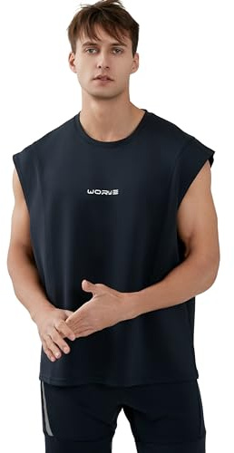 WORWE Camiseta sin Mangas Hombre Chaleco Tirante Spors Fashion Gym Entrenamiento Gimnasio Running Tanspirable Secado rapido Deportiva Moda Crossfit Cuello Redondo con Hombro Caido（L,Azul Marino）