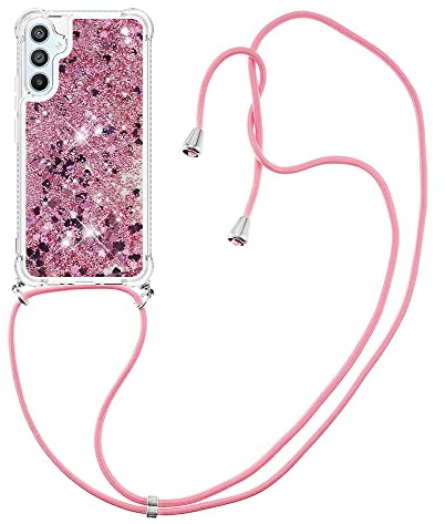 IMIRST Lanyardfodral kompatibelt med Samsung A54 Bling flytande glitter silikonskal stötsäkert Kawaii-skydd med sladd halsband fodral för Samsung Galaxy A54. LP Love Rose