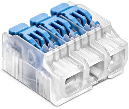 SIMET Verbindungs-Klemmen mit Hebel für Draht (0,2...4 mm²), 3 - Leiter Packung mit 40 Stück, Farbe transparent/blau, Schnellverschluss zum Öffnen, zum Anschluss elektrischer Leiter