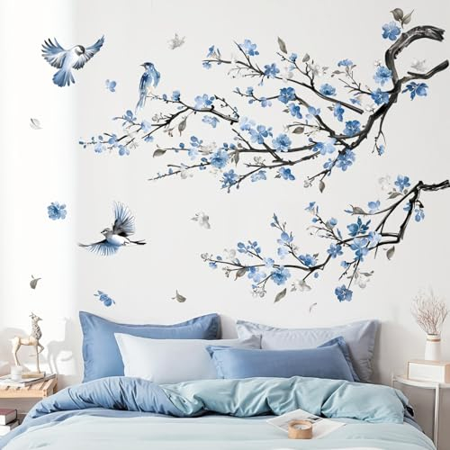 decalmile Stickers Muraux Branche de Fleurs Bleu Autocollant Mural Floral Bleu Aquarelle Arbre Oiseaux Décoration Murale Chambre Salon Bureau