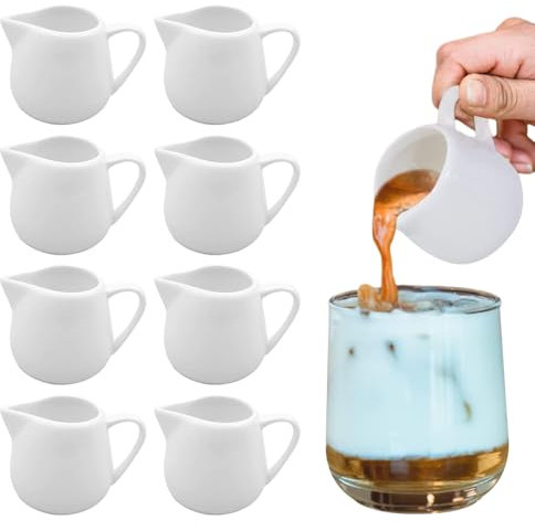 Gobesty White Ceramic Milk Jug - 100ML Small Gravy Pitcher with Handle - Mini Creamer Set for Coffee, Sauce, and Custard Pouring (8 Pieces)