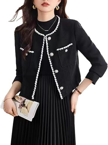 Suncadmious Giacca da Donna Elegante e Casual Senza Colletto Giacca da Donna Spessa e Casual in Tweed con Colletto Rotondo (Nero,S)