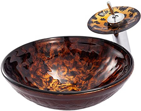 SnamicE Bathroom Vessel Sink Flames Tempered Glass Vessel Sink Bowl Round Counter Top Installation Bathroom Vessel Vanity Sink Art Basin with Brass Waterfall Faucet Chrome Pop Up Dra,