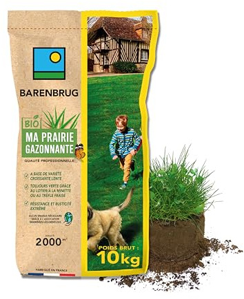 BARENBRUG - Prairie Gazonnante BIO - Variétés à Croissance Lente - Toujours Verte grâce aux Légumineuses - Résistance et Rusticité Extrêmes - Aucun Engrais Nécessaire - Fabriqué en France - 10KG