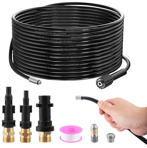 Manguera de limpieza de tuberías de alta presión de 15 m para Kärcher K2-K7, Lavor, Bosch y Parkside, incluye 3 adaptadores, 2 boquillas y cinta de teflón, extremadamente fuerte y versátil, limpiador
