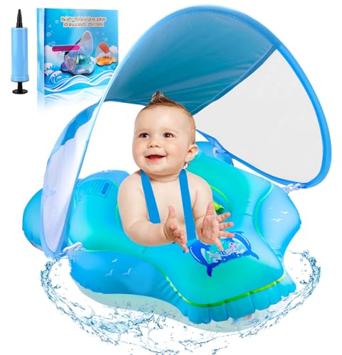 Baby Swimming Float, Baby Pool Float with Canopy, Inflatable Whale Baby Swimming Ring with Safety Seat, Fun Water Toys Bathing Accessories for Age 3-36 Months Babies Toddlers Kids Infant
