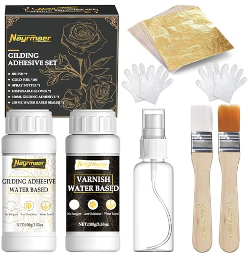 Blattgold Kleber Set für Handwerk, Inklusive Vergoldungskleber und Wasserbasierter Schutzlack, Blattgold 100 Stück, Pinsel und Sprühflasche Vielseitig für Dekoration und Restaurierung