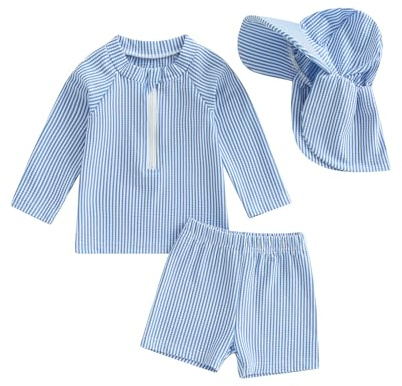 BeliBacca Baby Boy Rash Guard Set Striped Shirt Shorts Hat Swimsuit Set (Blue, 12-18 Months)