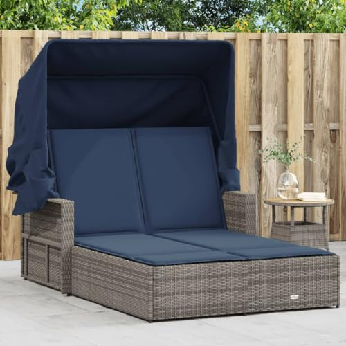 FUDUGEHMIOFWFJJ Double Sun Lounger with Canopy and Cushions Gray Poly Rattantanning Chair Outdoor Lounge Chairs Patio Chairs Recliner chairSuitable for Gardens, courtyards