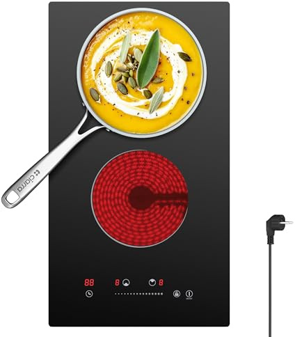 CDV Placa Vitrocerámica 2 Fuegos, 3000 W, Placa de Cocina Eléctrica Empotrable, 30 cm, 9 Niveles de Potencia, Timer, Bloqueo de Seguridad