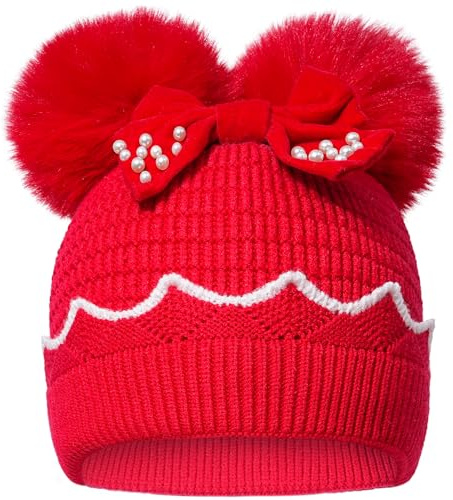 SECRET AROMA Cappello Invernale per Bambine con Doppio Pompon, Caldo Berretto con Fiocco per Neonati e Bambini, Berretto da Sci per 1-6 Anni