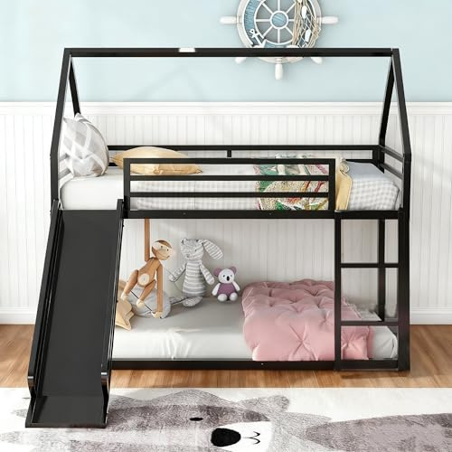 EMKK Kinderbett Etagenbett 90x190 mit Rutsche & Leiter, Eisen Hochbett Hausbett für 2 Kinder, Stockbett Doppelbett für Kinder Schlafzimmer, Ohne Matratze (Schwarz)