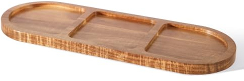 WLWNWFT Tablett Holz 33x12 cm, Snackteller mit 3 Fächern, Holztablett rechteckig aus Akazienholz, Holzbrett Holzteller Holzschale Servierplatte für Snacks, Käse und Vorspeisen