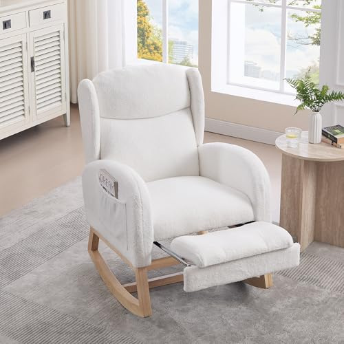 JCFEIDQW Mecedora, silla de lactancia, sillón de salón con estructura de madera, reposapiés ajustable, respaldo alto, tela teddy, con bolsillo, cómoda silla de acento para dormitorio, salón (blanco)
