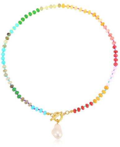 Gamtic Collier Pierre Femme Colorées Bohème - Collier Femme en Perles, Pendentif Perle avec Fermoir Plaqué Or 18 Carats, Bijoux D'été en Pierres Faits Main pour la Plage