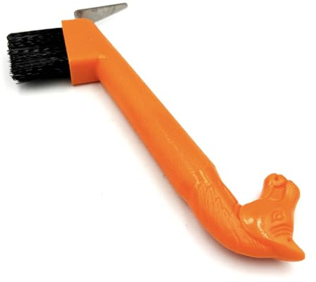 JA Horse JA2011 Grattoir à sabots avec poignée en forme de tête de cheval en plastique professionnel avec pointe en métal stable et brosse intégrée pour l'entretien quotidien des sabots (orange)